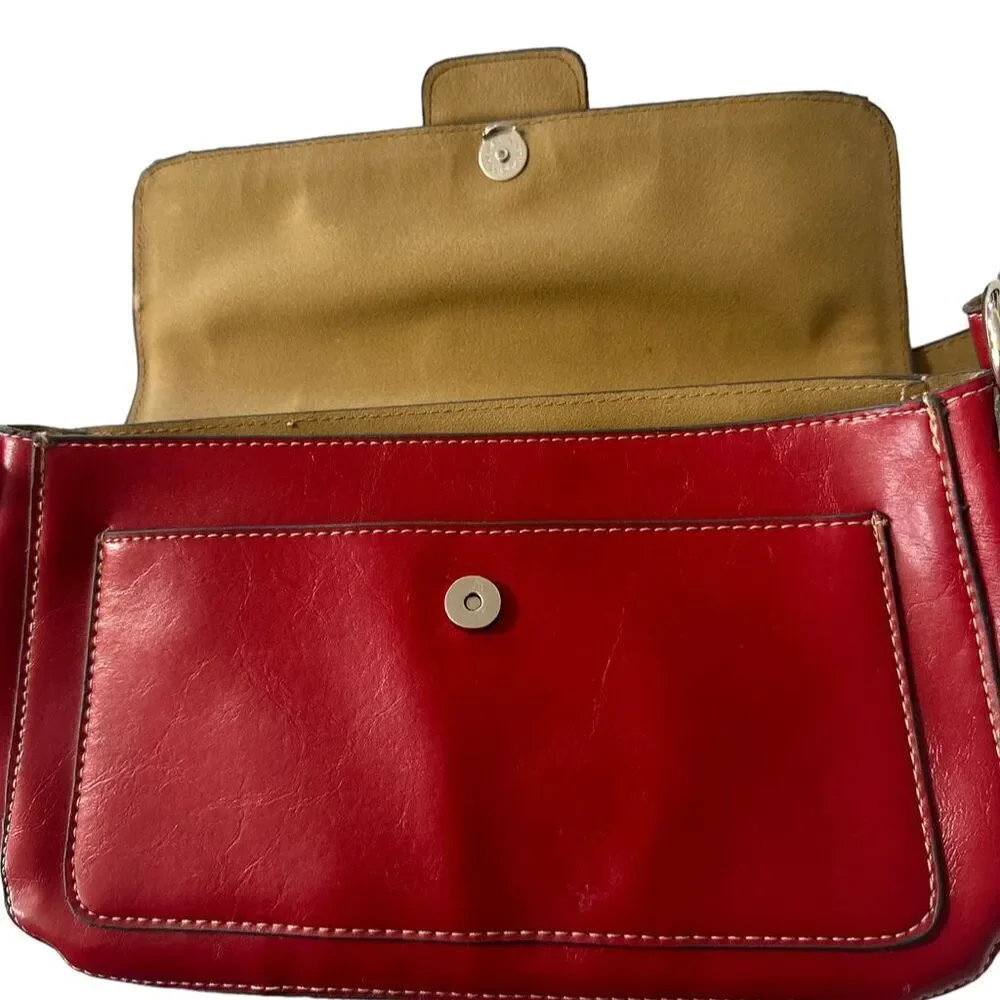 Emillie M Red Faux Vegan Leather Shoulder Satchel Silver Hardware Flap Closure